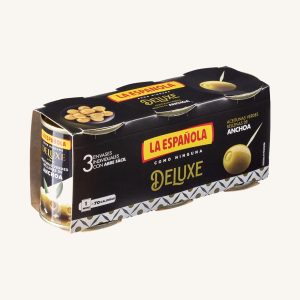 La Española Deluxe green olives stuffed with anchovies, manzanilla variety, pack of 3 mini cans 3 x 50g drained